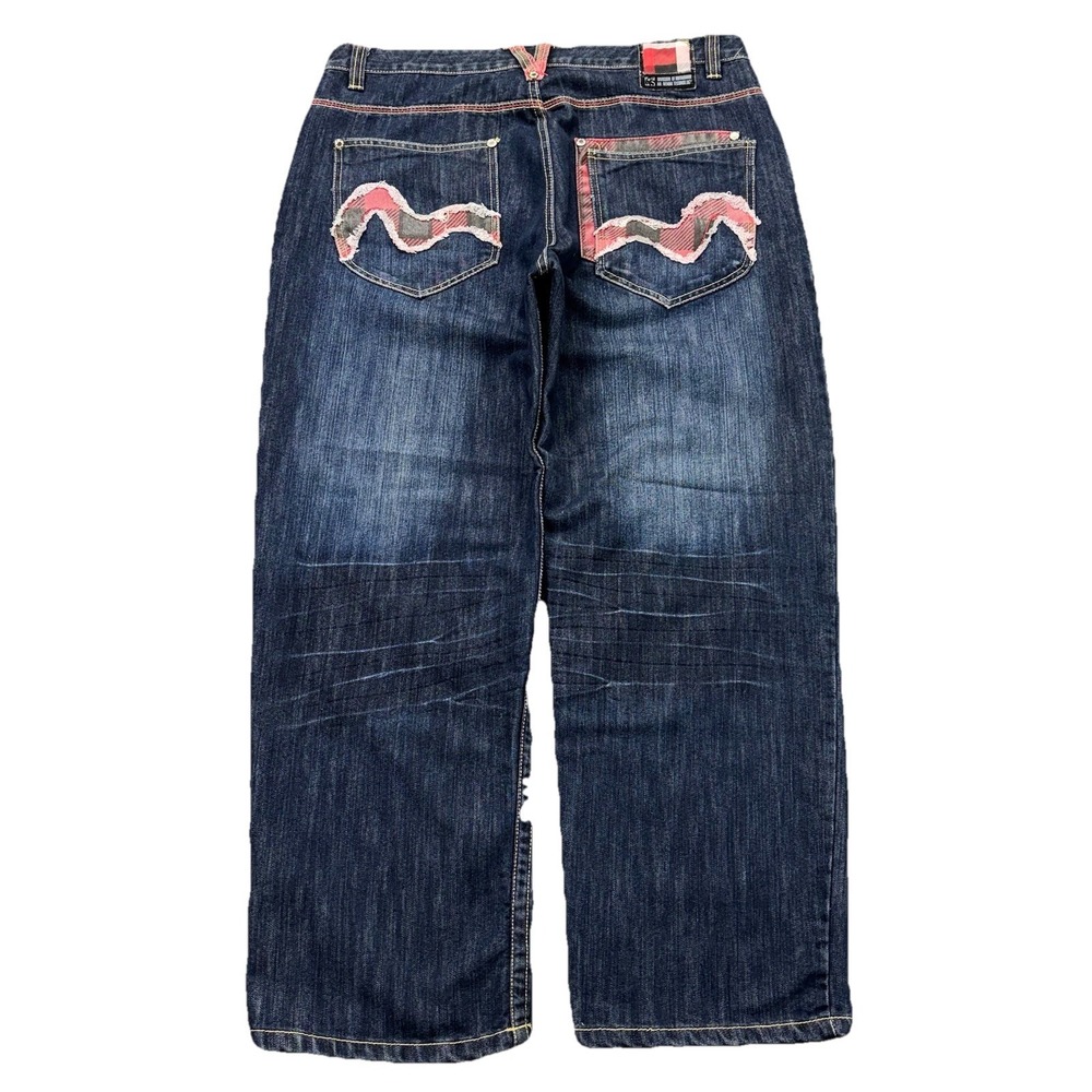 AK:Cess Jeans Mens 40x31 Embroidered Wide Leg Blue Denim Baggy Skater Patchwork